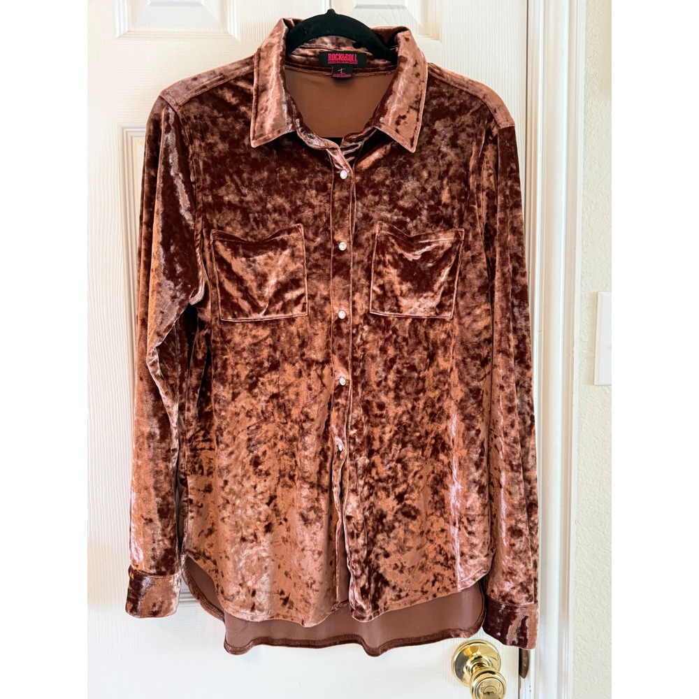 Rock & Roll Denim Crushed Velvet Pearl Snap Western Cowgirl Rodeo Shirt L - Picture 2 of 8